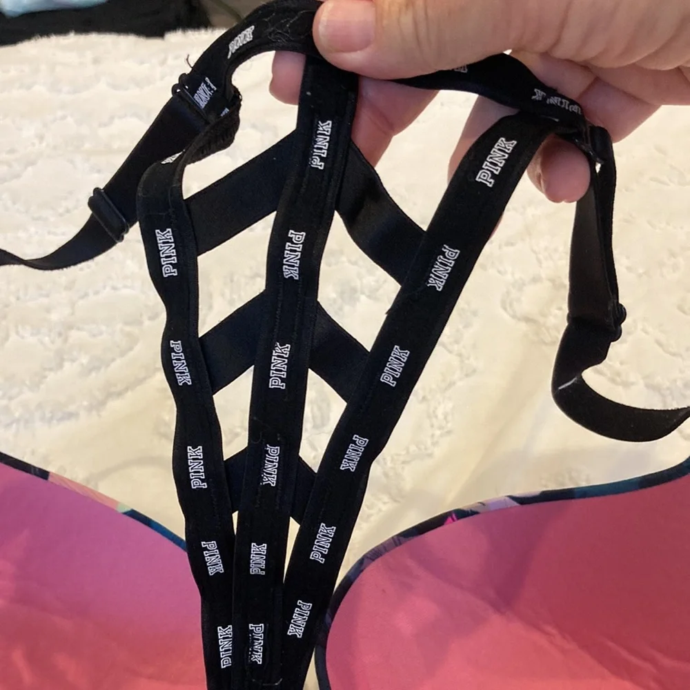 Pink wear everywhere push up black floral strappy racerback size 36DD! - Picture 4 of 7